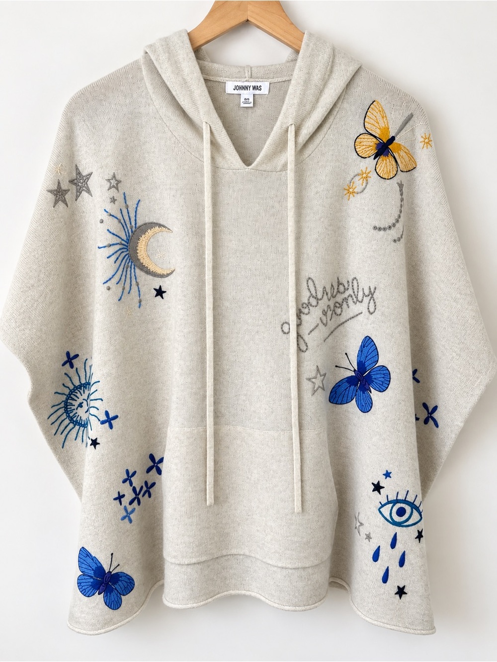 Johnny Was 100% Cashmere Good Vibes Only Embroidered Poncho M61421